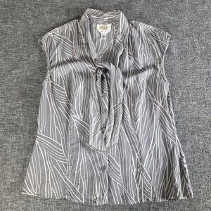 Talbots Pure Silk Abstract Stripe Gray Blouse Button Up Tie Neck Sleeveless 10